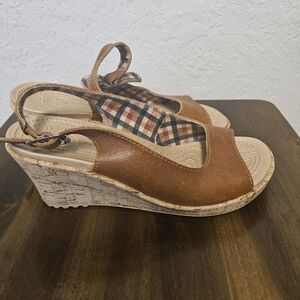 Crocs 7 Cognac Leather Cork Wedge Slingback Heels